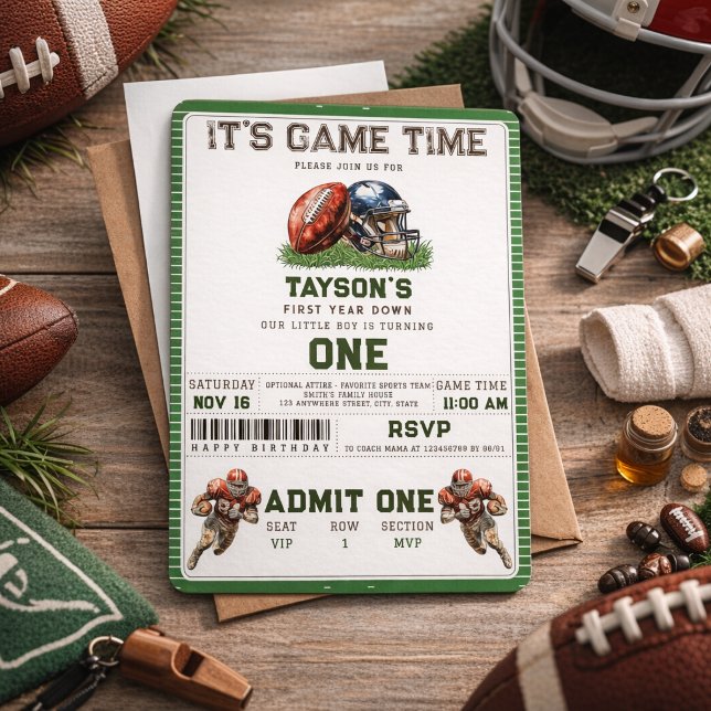 Invitación Primer cumpleaños del fútbol americano (American Football First Year Down 1st Birthday Invitation)