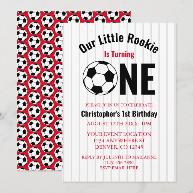 Invitación Primer cumpleaños del fútbol de novato (Anverso / Reverso)