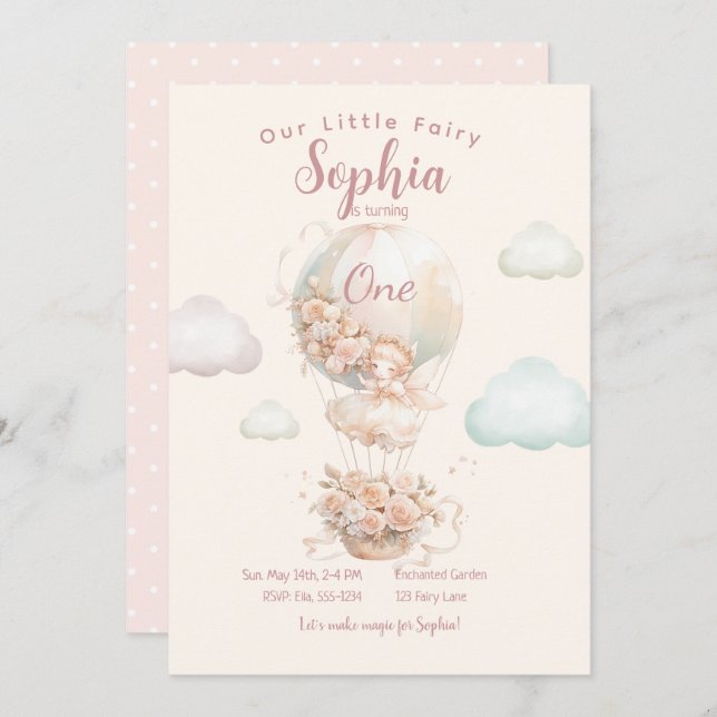 Invitación Primer cumpleaños del globo aerostático de Chica d (Anverso / Reverso)