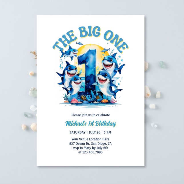 Invitación Primer cumpleaños del gran tema del tiburón bajo e (The Big ONE First Birthday Invitation – Shark Theme Under the Sea Party Invitation)