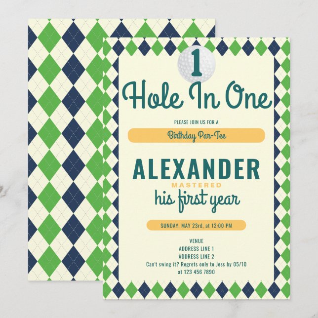 Invitación Primer cumpleaños del Hole in One Par-Tee Golf (Anverso / Reverso)