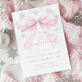Invitación Primer cumpleaños del invierno de Bow rosado