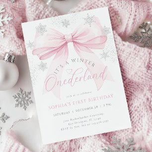 Invitación Primer cumpleaños del invierno de Bow rosado