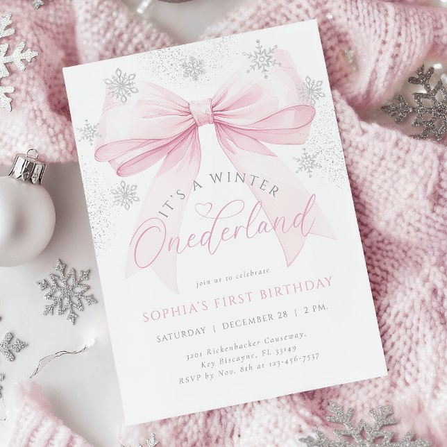 Invitación Primer cumpleaños del invierno de Bow rosado (Subido por el creador)