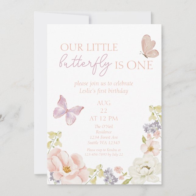 Invitación Primer cumpleaños del Jardín de Mariposas Encantad (Anverso)