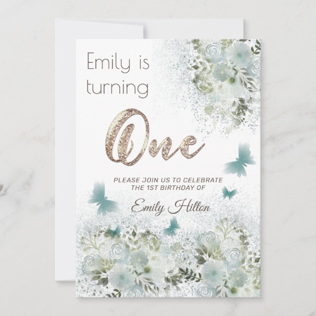 Invitación Primer cumpleaños del jardín floral de mariposa (Anverso)