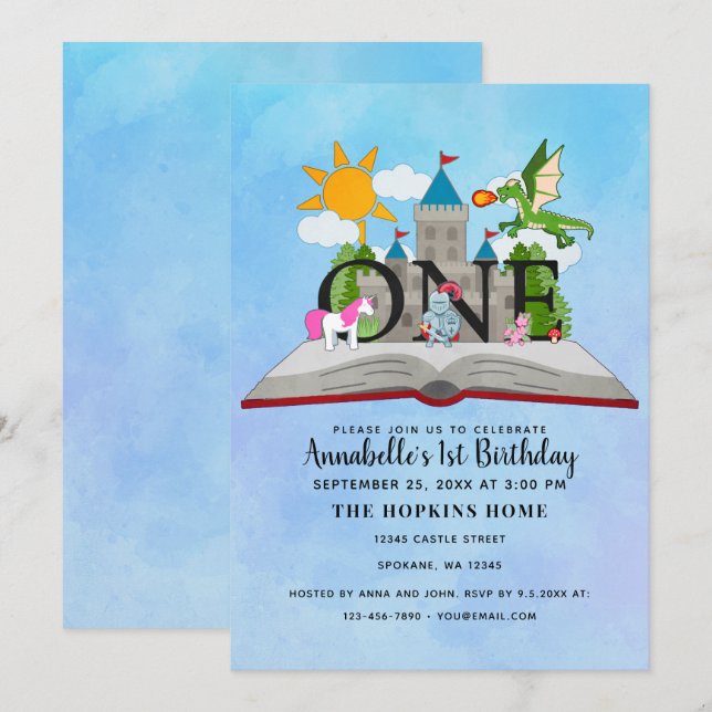 Invitación Primer cumpleaños del libro pop up de cuento de ha (Anverso / Reverso)