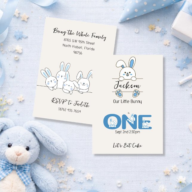 Invitación Primer Cumpleaños del Lindo Niño Conejo Azul (Subido por el creador)