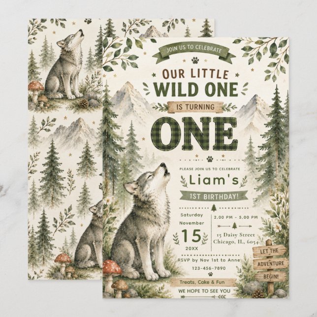 Invitación Primer Cumpleaños del Lobo del Bosque (Anverso / Reverso)