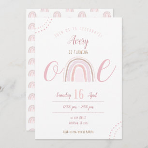 Invitación Primer cumpleaños del moderno Boho Pink Rainbow