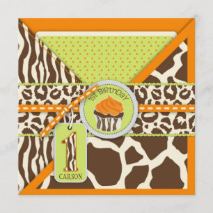 Invitación Primer cumpleaños del Naranja Safari y el pastel
