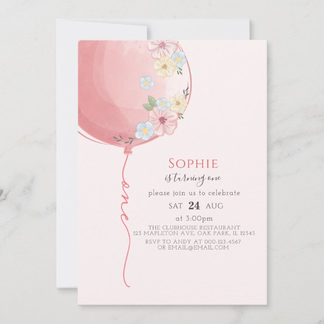 Invitación Primer cumpleaños del niño con globo rosa suave y  (Anverso)