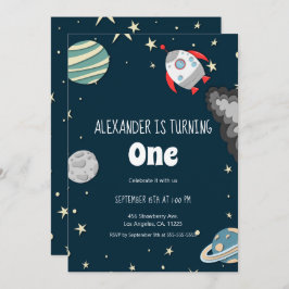 Invitación Primer cumpleaños del niño con misiles y planetas