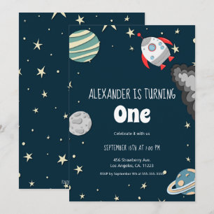Invitación Primer cumpleaños del niño con misiles y planetas 