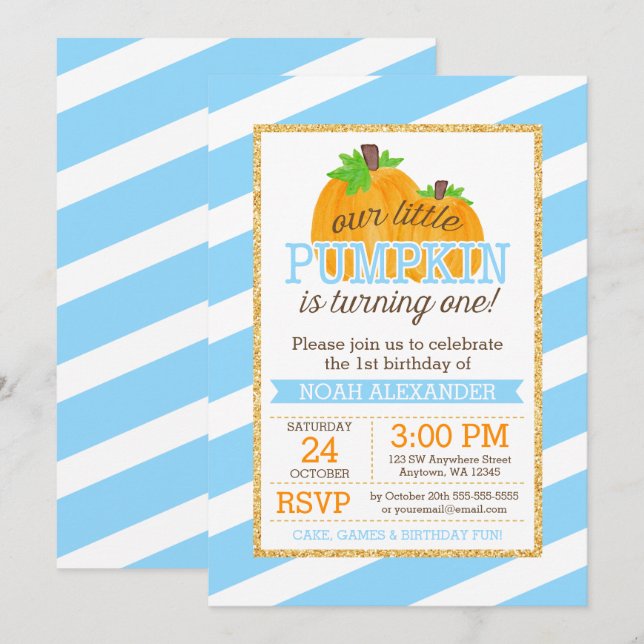 Invitación Primer cumpleaños del niño de la calabaza de oro a (Anverso / Reverso)
