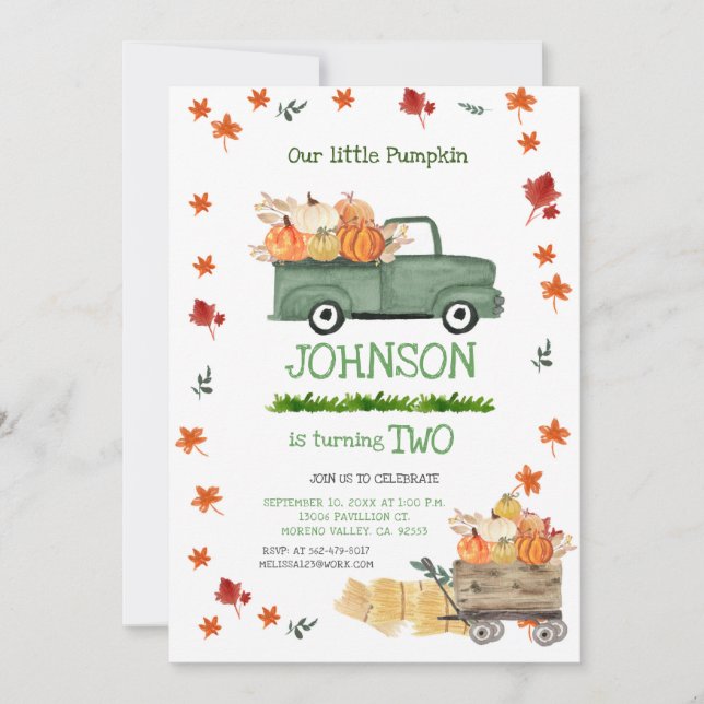 Invitación Primer cumpleaños del niño de la calabaza del cami (Anverso)