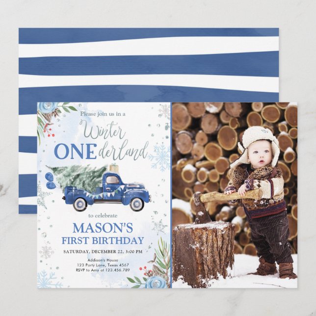 Invitación Primer cumpleaños del niño del Camión Azul de Oned (Anverso / Reverso)