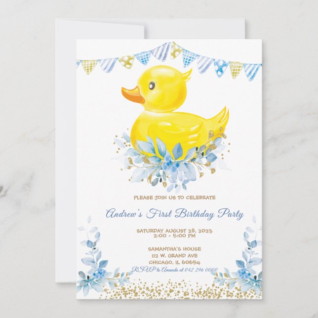 INVITACIÓN PRIMER CUMPLEAÑOS DEL NIÑO PATO DE GOMA (Anverso)