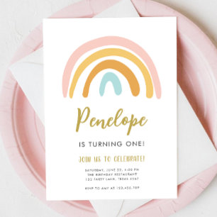 Invitación Primer cumpleaños del pastel arcoiris Boho Chica r