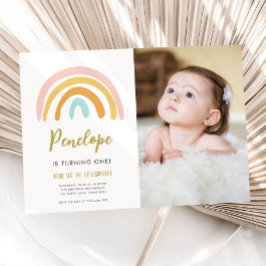 Invitación Primer cumpleaños del pastel arcoiris Boho Chica r