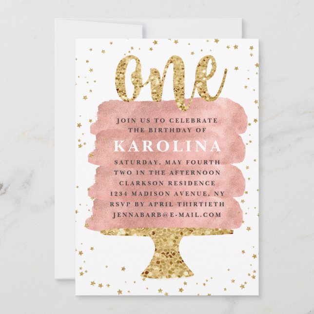 Invitación Primer cumpleaños del pastel de oro Rosa y purpuri (Anverso)