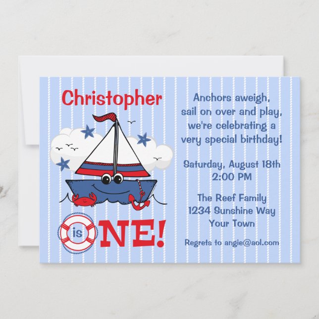 Invitación Primer cumpleaños del pequeño barco de vela (Anverso)
