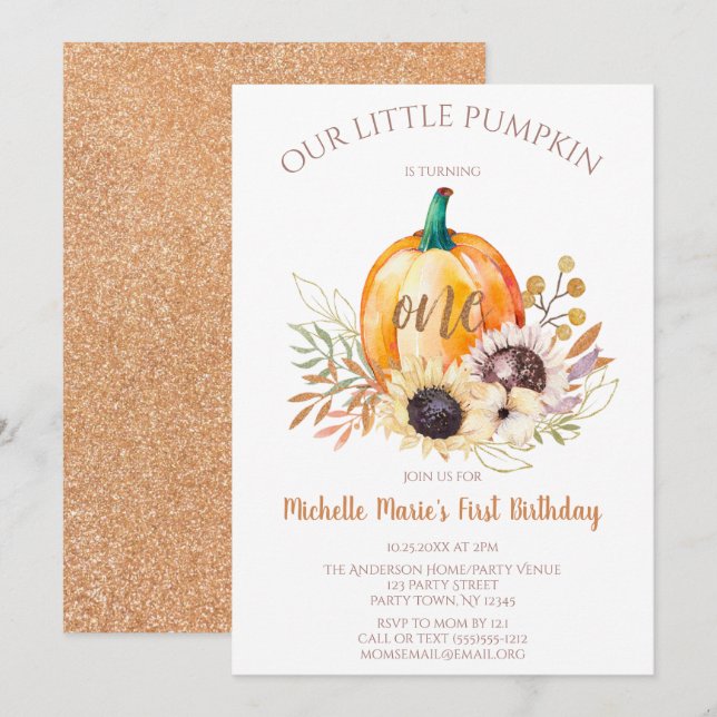 Invitación Primer cumpleaños del pequeño Chica de calabaza (Anverso / Reverso)