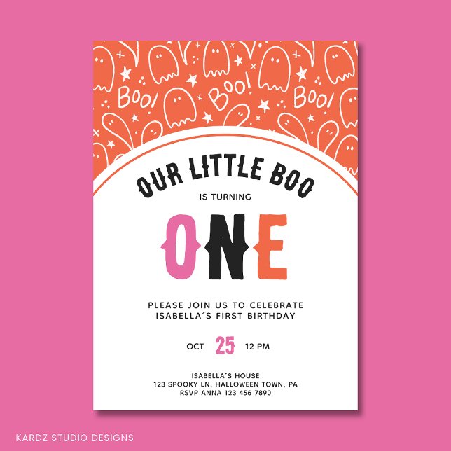 Invitación Primer cumpleaños del pequeño Chica de tazas de Ha (First Birthday Party Invitation for a Little Boo. In pink orange and black Halloween colors.)