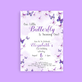 Invitación Primer cumpleaños del pequeño Chica mariposa púrpu