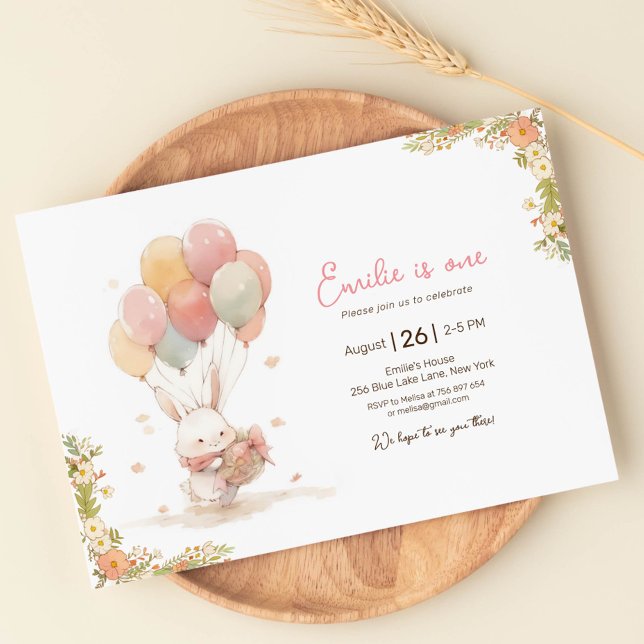 Invitación Primer cumpleaños del pequeño globo de conejo (Subido por el creador)