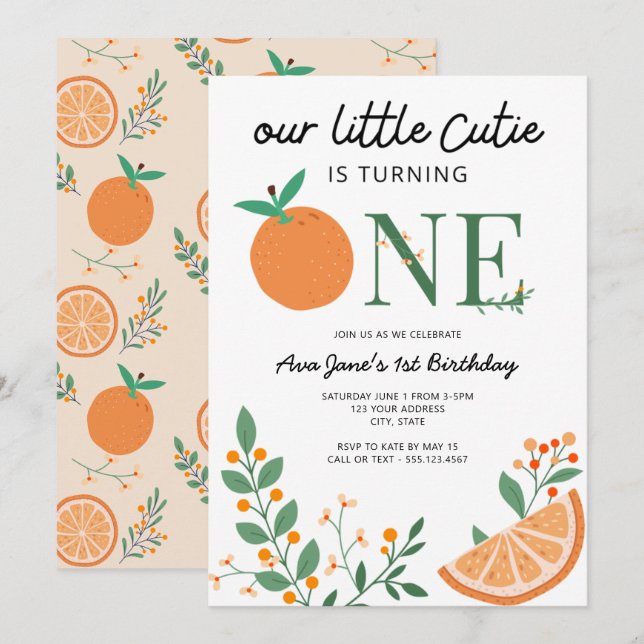 Invitación Primer cumpleaños del pequeño Naranja Cutie (Anverso / Reverso)