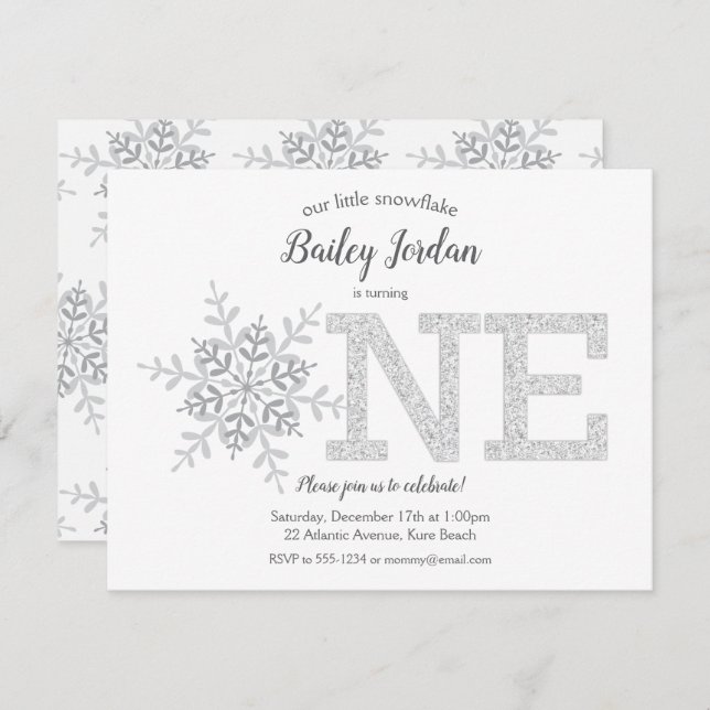 Invitación Primer cumpleaños del pequeño Purpurina Silver Sno (Anverso / Reverso)