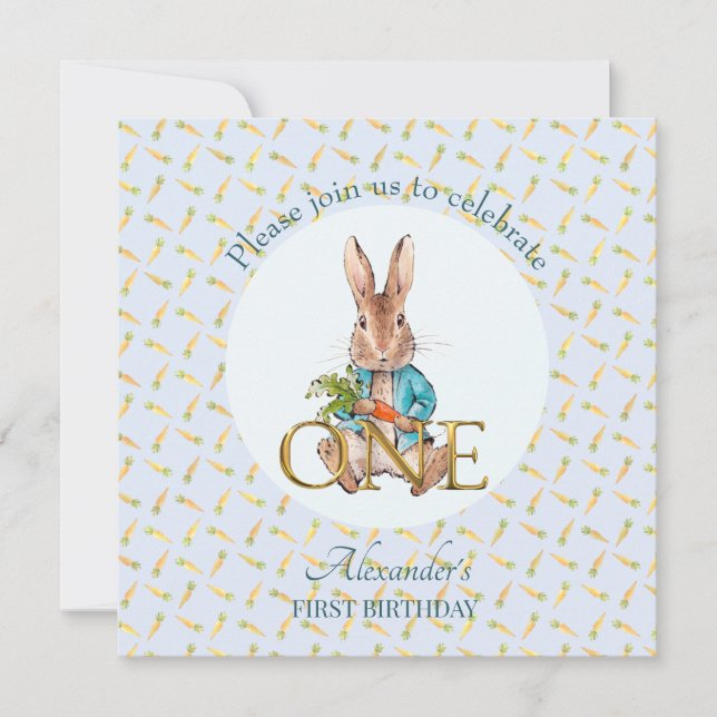 Invitación Primer cumpleaños del personalizado Pedro el conej (Anverso)