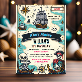 Invitación Primer cumpleaños del pirata de barcos con bandera