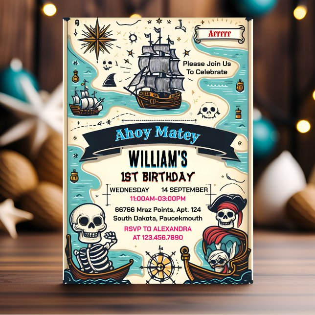Invitación Primer cumpleaños del pirata de barcos con bandera (Subido por el creador)