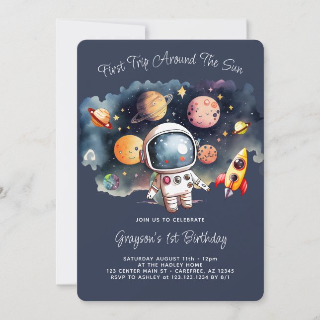 Invitación Primer Cumpleaños del Planeta y el Cohete (Anverso)
