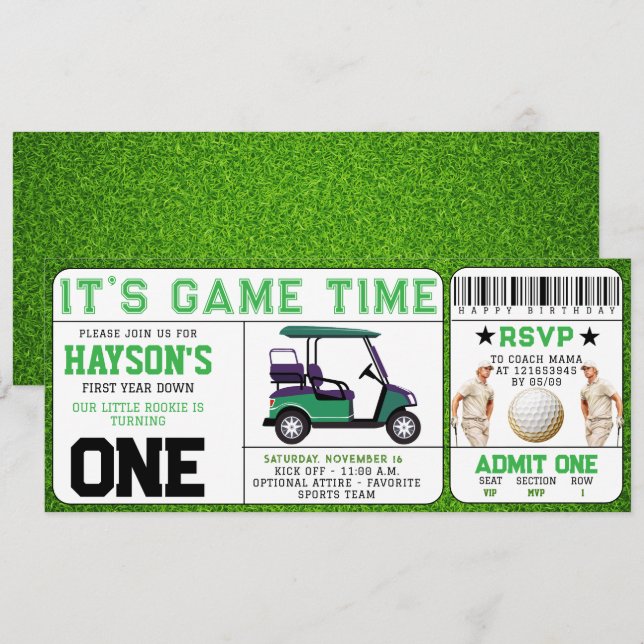 Invitación Primer cumpleaños del primer boleto de golf de Yea (Anverso / Reverso)