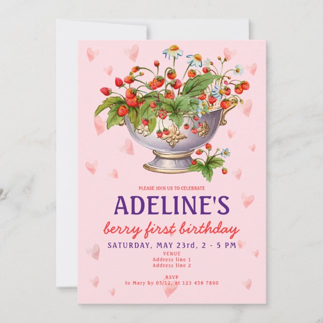 Invitación Primer cumpleaños del primer Chica de fresa silves (Anverso)