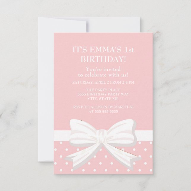 Invitación Primer cumpleaños del Punto de Polka Blanco Rosado (Anverso)