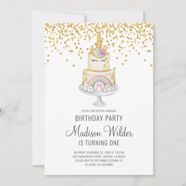 Invitación Primer cumpleaños del Purpurina de Chica de unicor (Anverso)