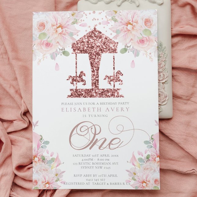 Invitación Primer cumpleaños del Purpurina Floral de Carrusel (Subido por el creador)