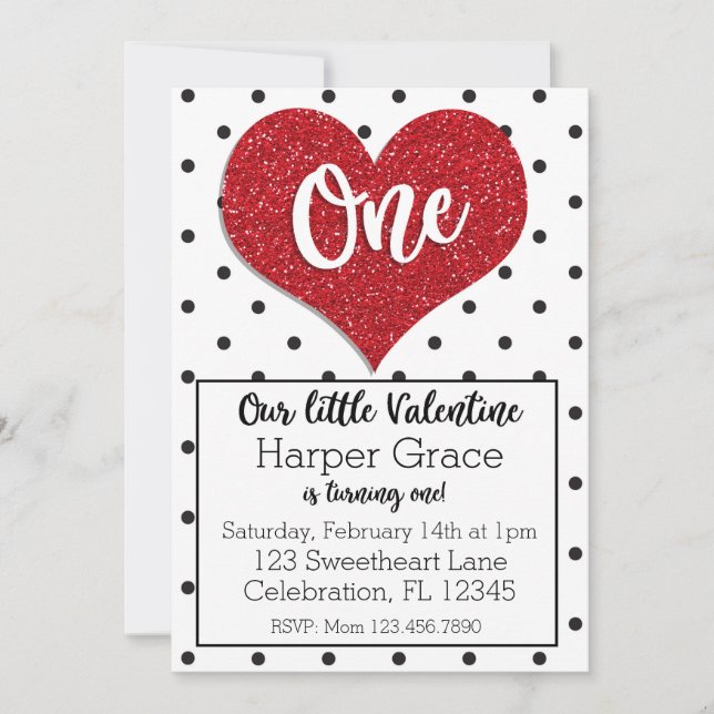 Invitación Primer cumpleaños del purpurina Slove Valentines C (Anverso)