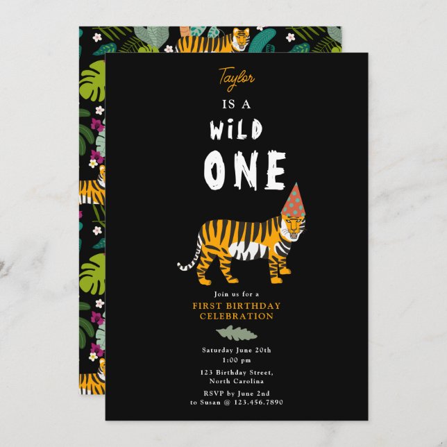 Invitación Primer cumpleaños del Safari de la Selva Tropical  (Anverso / Reverso)