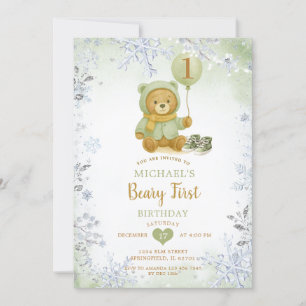 Invitación Primer cumpleaños del Sage Green Winter Snowflake