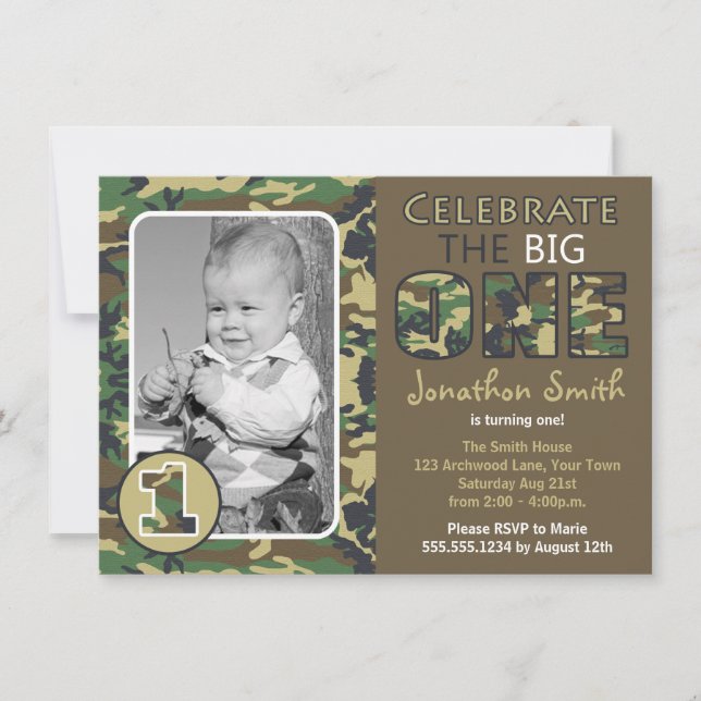 Invitación Primer cumpleaños del tema Camouflage / Camo (Anverso)