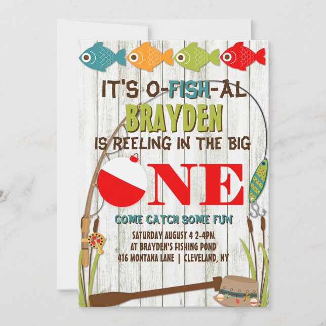 Invitación Primer cumpleaños del tema de la pesca "Gris Boys" (Anverso)