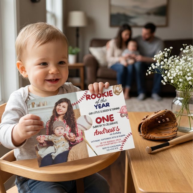 Invitación Primer cumpleaños del tema del beisbol Rookie Of Y (Rookie Of The Year Baseball 1st Birthday Invitation with Photo)