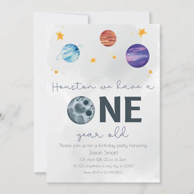 Invitación Primer cumpleaños del tema del espacio (Anverso)