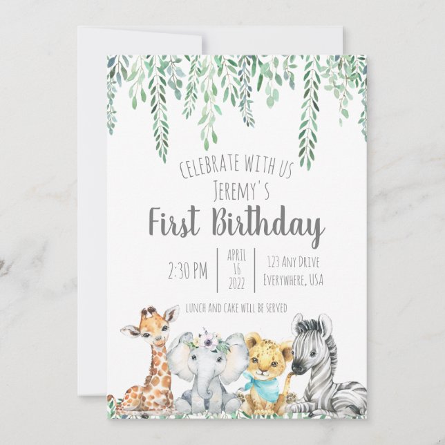 Invitación Primer cumpleaños del tema del safari neutral de g (Anverso)