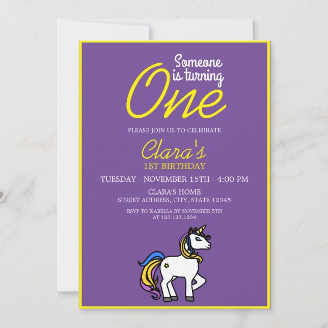 Invitación Primer cumpleaños del unicornio mágico Girly Purpl (Anverso)